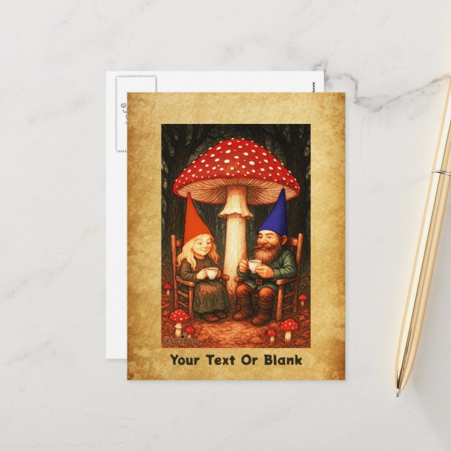 Amanita Mushroom and Gnomes Holiday Postcard (Front/Back In Situ)