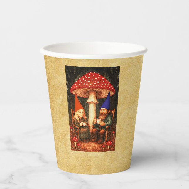 Amanita Mushroom and Gnomes Paper Cups (Front)