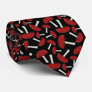 Amanita Mushroom Pattern on Black Fungus Fungi Tie