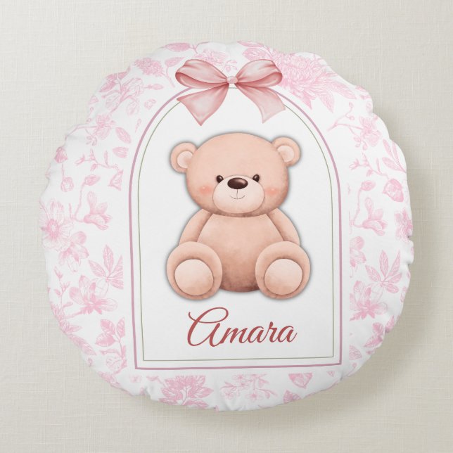Amara | Custom Pink Teddy Bear Nursery Design  Round Cushion (Front)