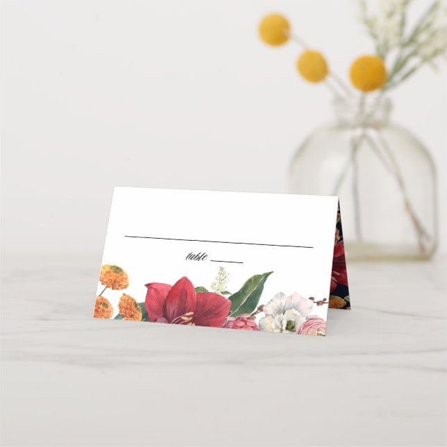 Amaryllis and Chrysanthemums Botanical Wedding Place Card (Front)