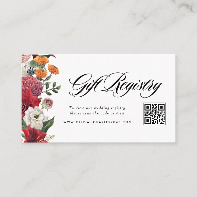 Amaryllis and Mums Wedding QR Code Registry Enclosure Card (Front)