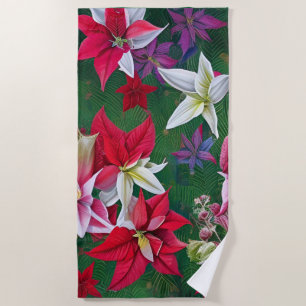 Amaryllis and Poinsettia Floral AI Art  Beach Towel