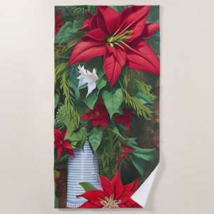 Amaryllis and Poinsettia Floral AI Art Beach Towel