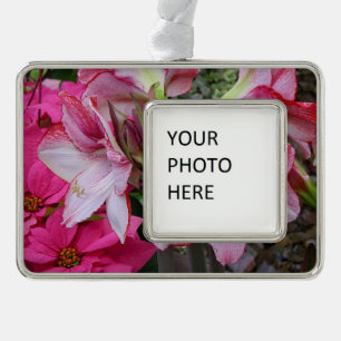 Amaryllis and Poinsettia Red Holiday Flowers Silver Plated Framed Ornament