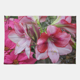 Amaryllis and Poinsettia Red Holiday Flowers Tea Towel
