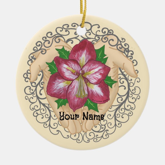 Amaryllis flowers in Hands Ceramic Tree Decoration (Front)