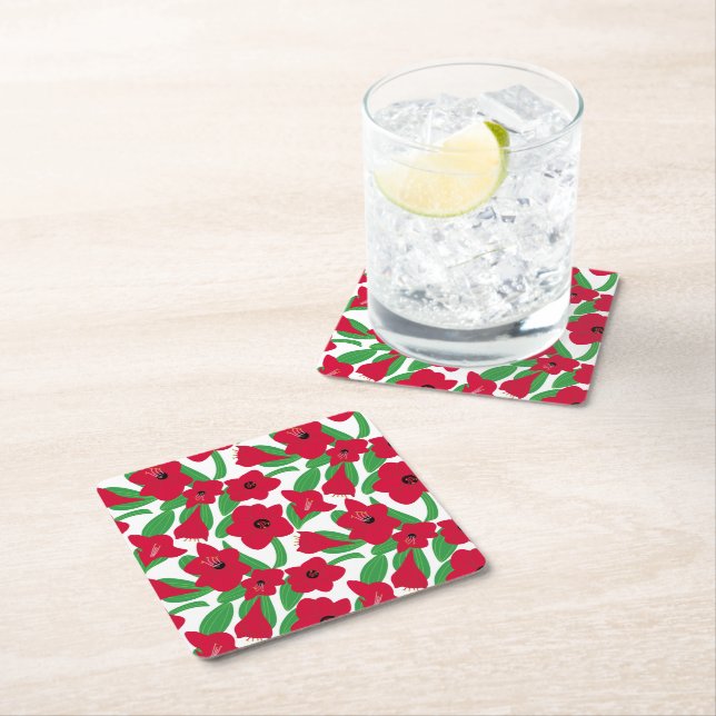 Amaryllis Flowers Square Paper Coaster (Insitu)