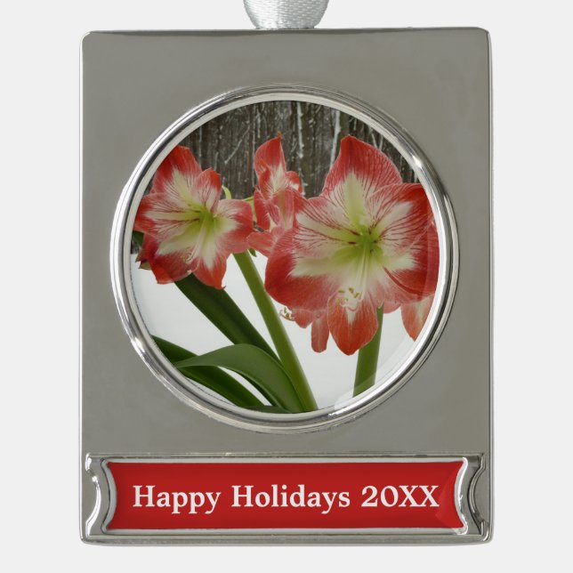 Amaryllis in Snow Red Holiday Winter Floral Silver Plated Banner Ornament (Front)