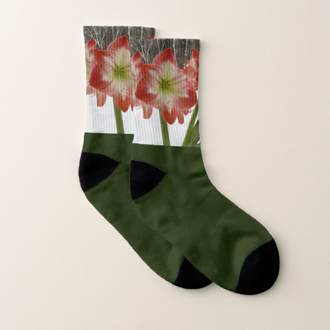 Amaryllis in Snow Red Holiday Winter Floral Socks (Pair)