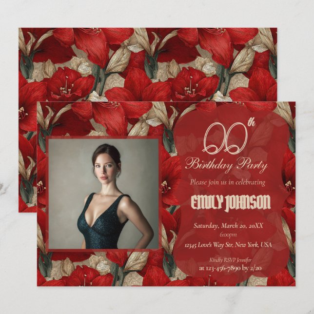 Amaryllis Inspired Surprise Birthday Modern Invitation (Front/Back)