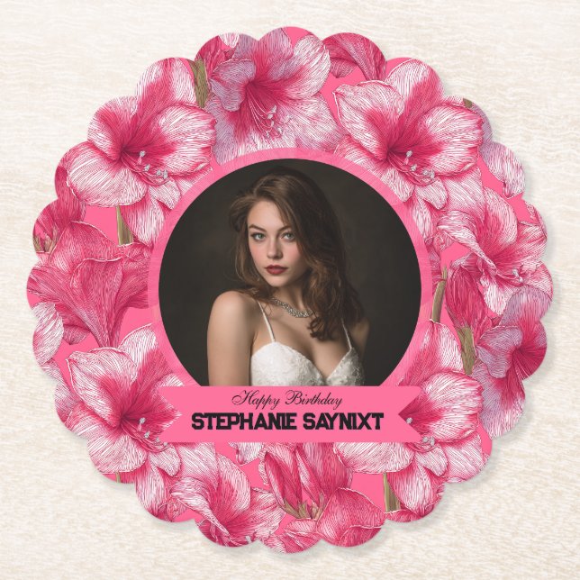 Amaryllis Pink Theme 15Th Birthday Custom Paper Coaster (Front)
