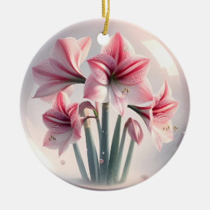 Amaryllis Pink White flowers Ceramic Tree Decoration