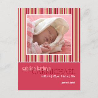 Amaryllis Stripes Pink • Baby Announcement Postcard