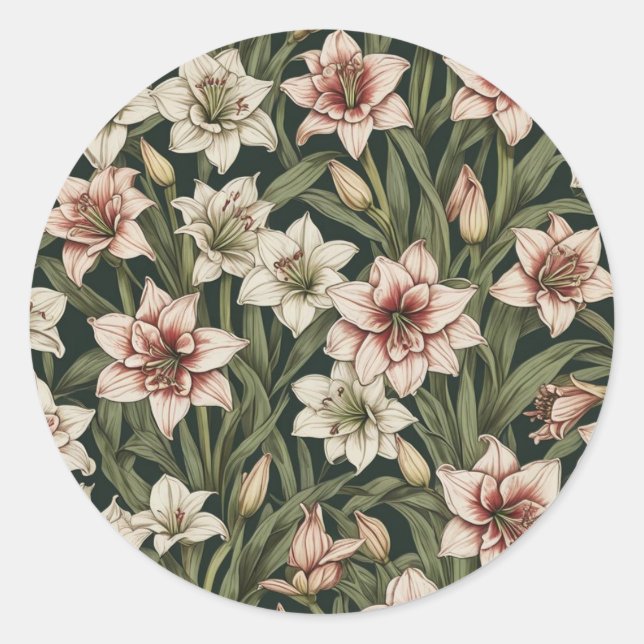 Amaryllis vintage flowers pattern classic round sticker (Front)