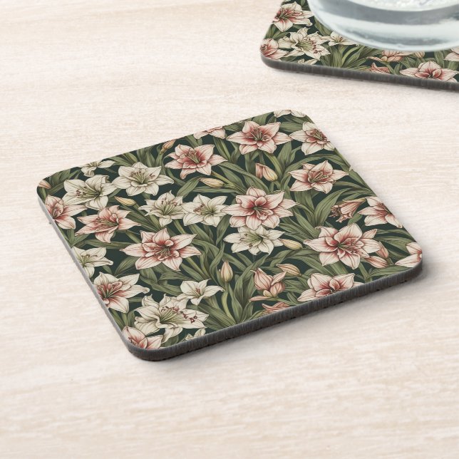 Amaryllis vintage flowers pattern coaster (Left Side)