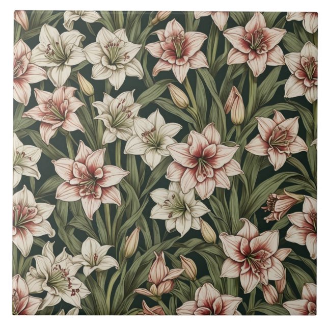 Amaryllis vintage flowers pattern tile (Front)