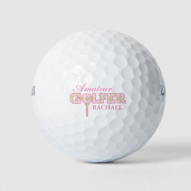 Amateur golfer pink plaid personalised golf balls (Front)