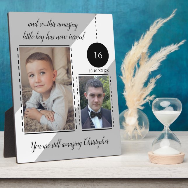 Amazing 16th Birthday name date grey photos Plaque (Side)