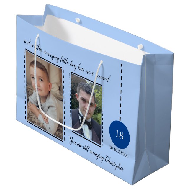 Amazing 18th Birthday name date blue photos Large Gift Bag (Front Angled)