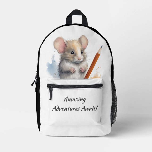 Amazing Adventures Await! Mouse with pencil Printed Backpack (Front)