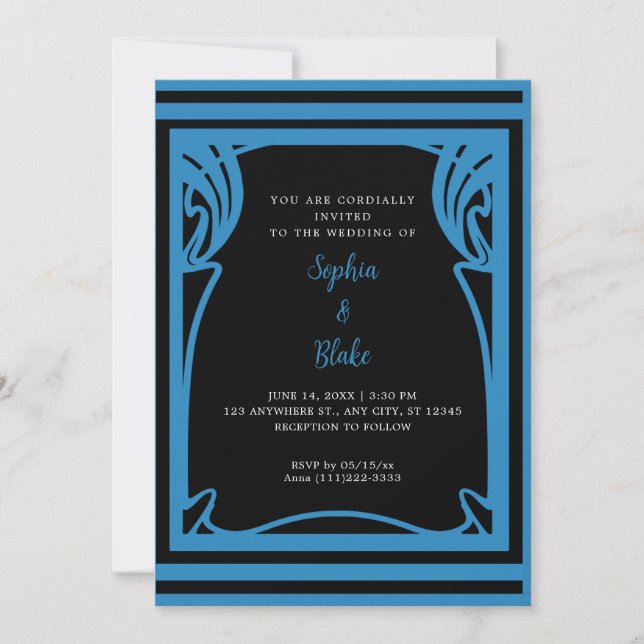 Amazing Black and Blue Art Deco Wedding Invitation (Front)