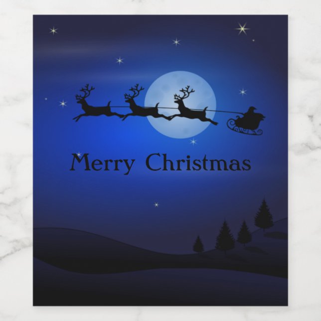 Amazing Blue Night Santa and Reindeer Wine Label (Single Label)
