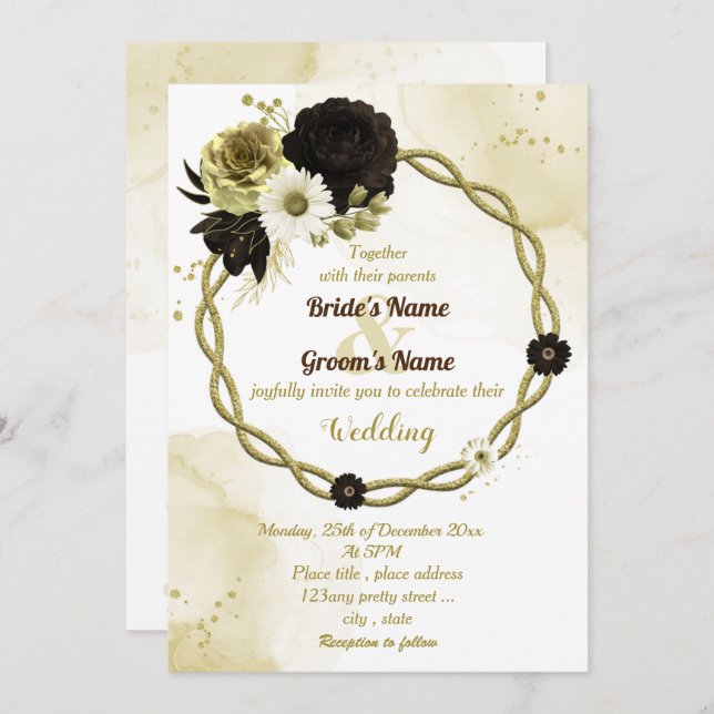 Amazing brown ivory gold floral wreath wedding invitation (Front/Back)