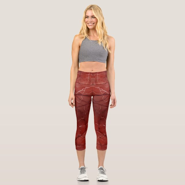 Amazing Colour Print  Red Marble Capri Leggings (Front)