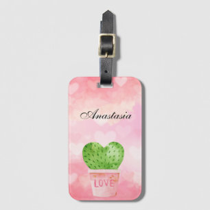 Amazing, Cool, Pink Heart Cactus Watercolor  Luggage Tag