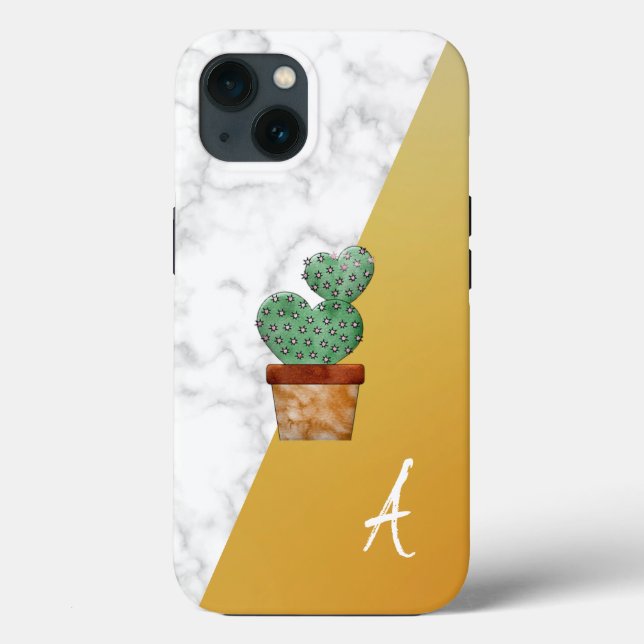 Amazing, Cool, White Marble, Cactus, Gold Monogram Case-Mate iPhone Case (Back)