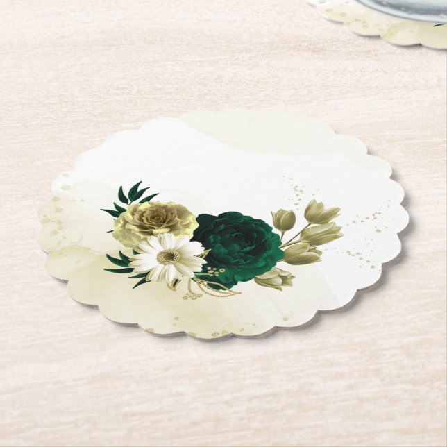Amazing emerald green ivory gold flowers paper coaster (Angled)