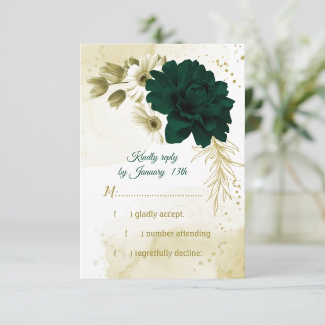 Amazing emerald green ivory gold flowers RSVP card (Standing Front)