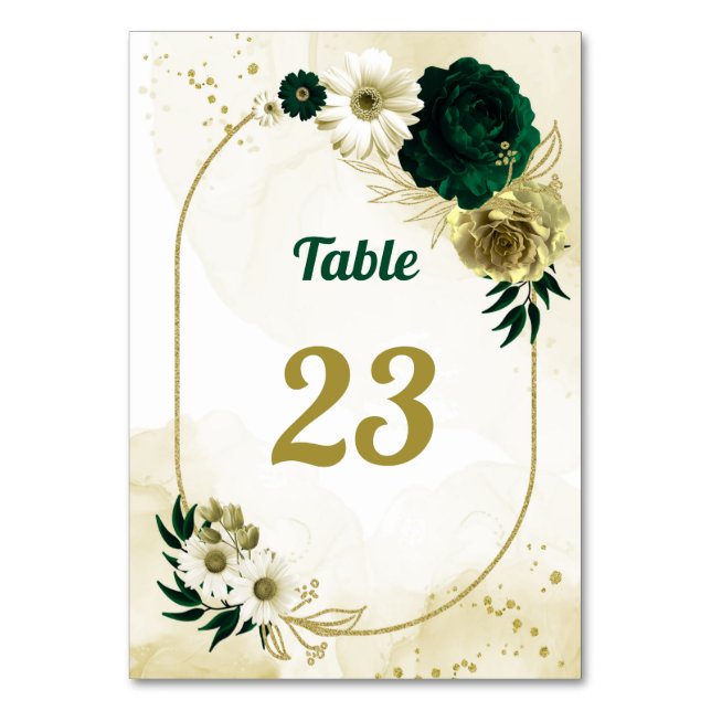 Amazing emerald green ivory gold flowers table number (Front)