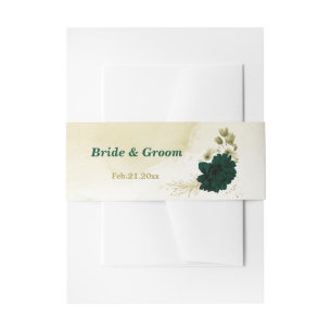 Amazing emerald green ivory gold flowers wedding invitation belly band