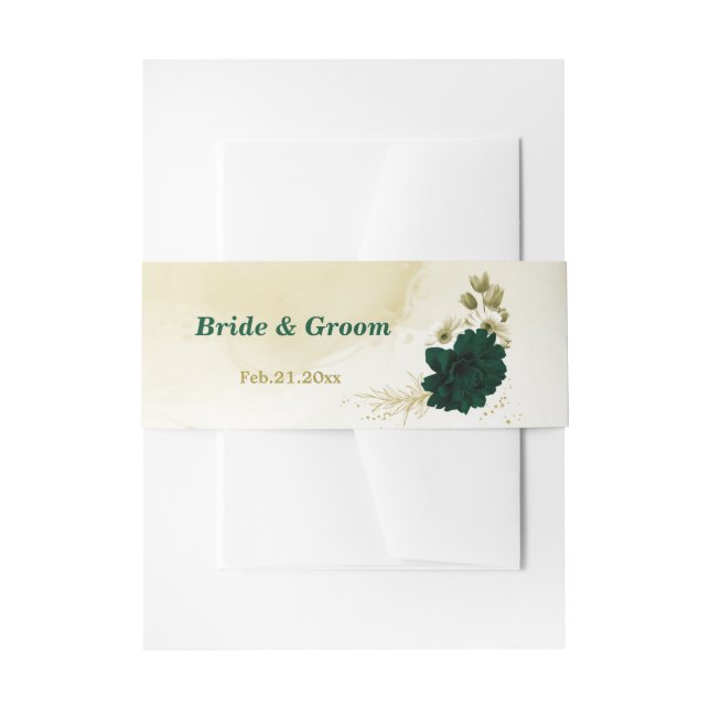 Amazing emerald green ivory gold flowers wedding invitation belly band (Front Example)