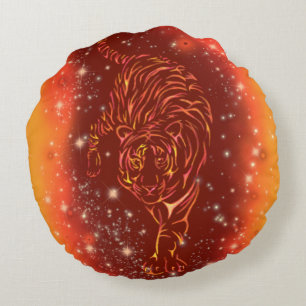 Amazing Fire Tiger Running At Galaxy Starry Night  Round Cushion