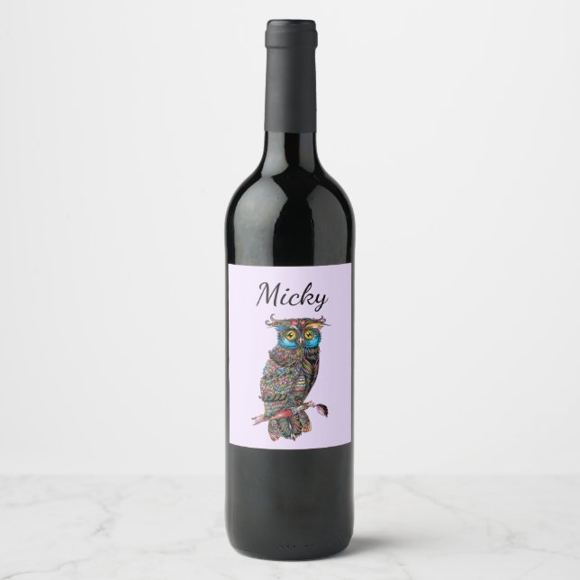 Amazing Gorgeous Adorable Purple Owl      Wine Label (Front)
