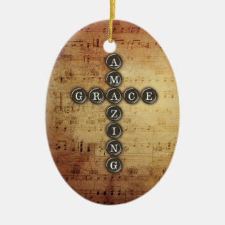 Amazing Grace Cross on Vintage Music Sheet Ceramic Tree Decoration