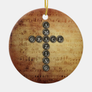 Amazing Grace Cross on Vintage Music Sheet Ceramic Tree Decoration
