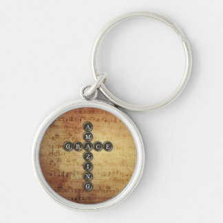 Amazing Grace Cross on Vintage Music Sheet Key Ring