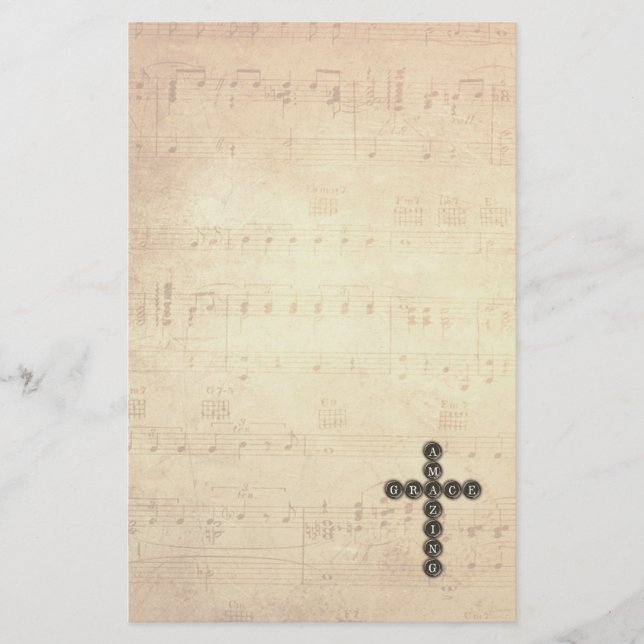 Amazing Grace Cross on Vintage Music Sheet Stationery (Front)