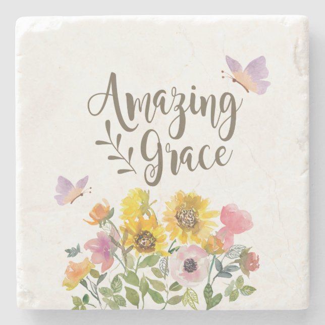 Amazing Grace Flowers and Butterflies Christian Stone Coaster (Front)