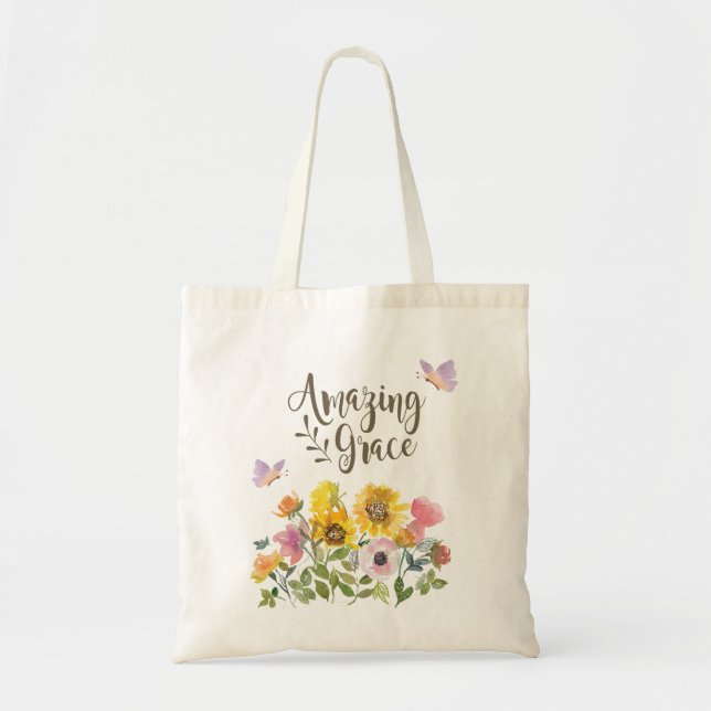 Amazing Grace Flowers and Butterflies Christian Tote Bag (Front)