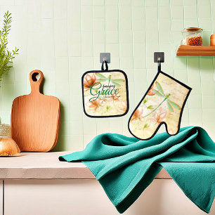 Amazing Grace Flowers and dragonfly Oven Mitt & Pot Holder Set