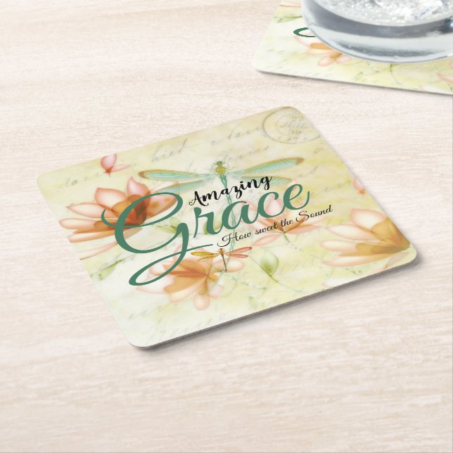 Amazing Grace Flowers and dragonfly   Square Paper Coaster (Angled)