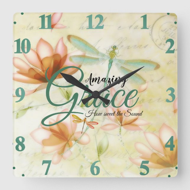 Amazing Grace Flowers and dragonfly   Square Wall Clock (Front)