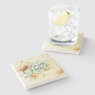 Amazing Grace Flowers and dragonfly  Stone Coaster