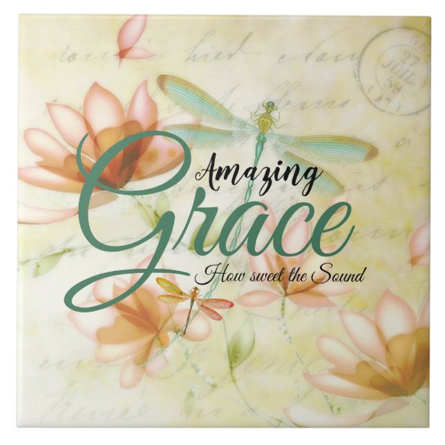 Amazing Grace Flowers and dragonfly   Tile (Front)