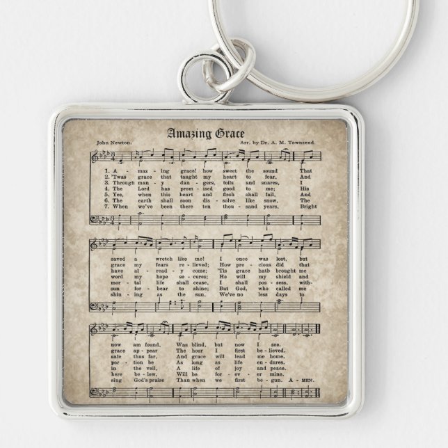 Amazing Grace Vintage Hymn Sheet Music Key Ring (Front)
